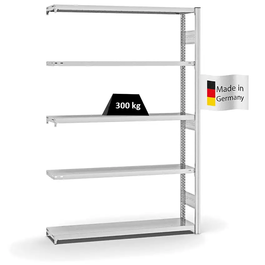 Fachbodenregal Stecksystem MAGNUS Made in Germany | Anbauregal | HxBxT 200x130x30cm | 5 Ebenen | Fachlast 300 kg | Beidseitig nutzbar | Lichtgrau