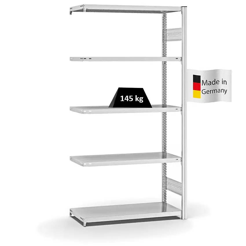 Fachbodenregal Stecksystem MAGNUS Made in Germany | Anbauregal | HxBxT 200x100x40cm | 5 Ebenen | Fachlast 145 kg | Beidseitig nutzbar | Lichtgrau