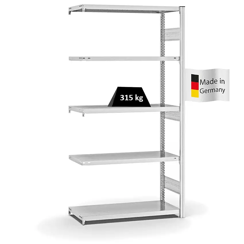 Fachbodenregal Stecksystem MAGNUS Made in Germany | Anbauregal | HxBxT 200x100x40cm | 5 Ebenen | Fachlast 315 kg | Beidseitig nutzbar | Lichtgrau