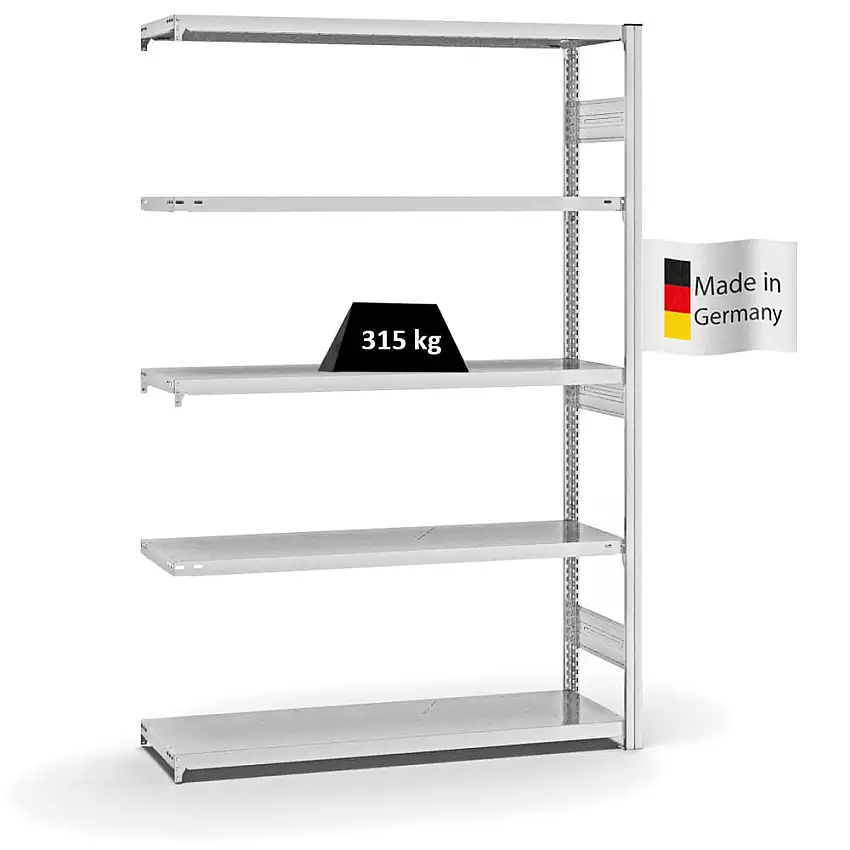 Fachbodenregal Stecksystem MAGNUS Made in Germany | Anbauregal | HxBxT 200x130x40cm | 5 Ebenen | Fachlast 315 kg | Beidseitig nutzbar | Lichtgrau