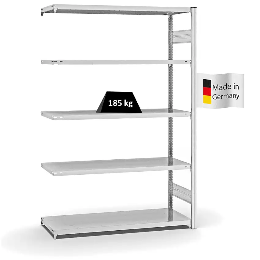 Fachbodenregal Stecksystem MAGNUS Made in Germany | Anbauregal | HxBxT 200x130x50cm | 5 Ebenen | Fachlast 185 kg | Beidseitig nutzbar | Lichtgrau