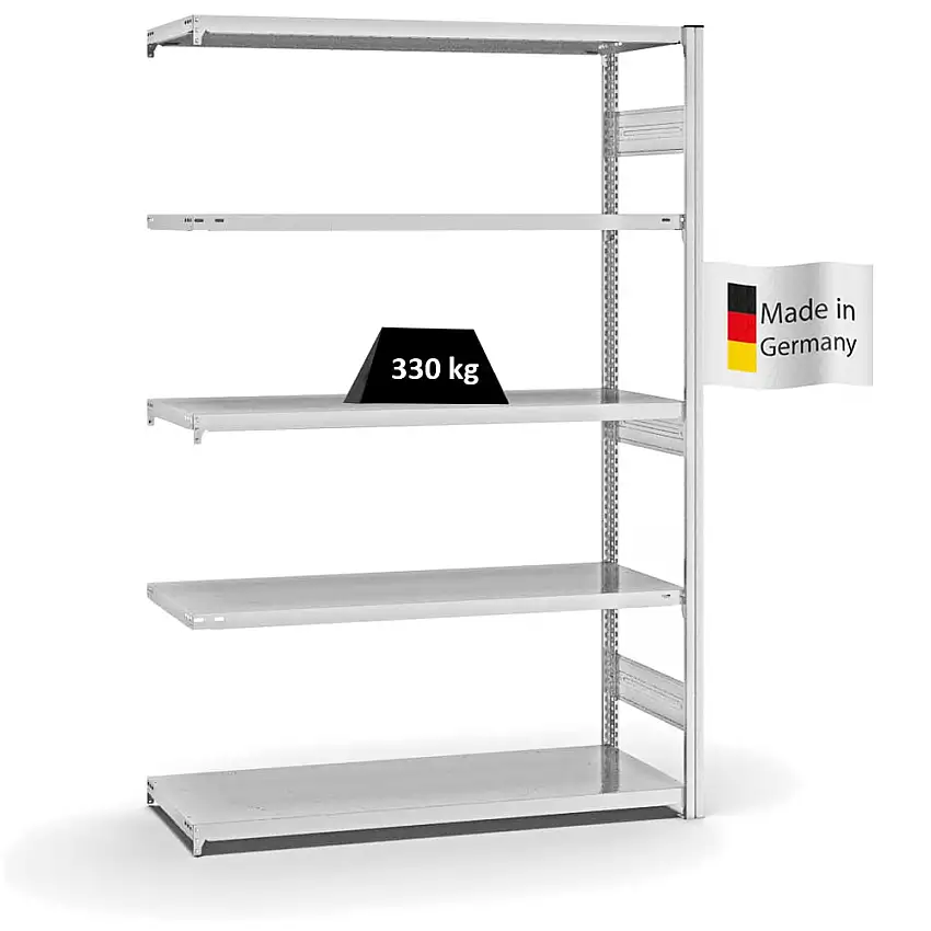 Fachbodenregal Stecksystem MAGNUS Made in Germany | Anbauregal | HxBxT 200x130x50cm | 5 Ebenen | Fachlast 330 kg | Beidseitig nutzbar | Lichtgrau