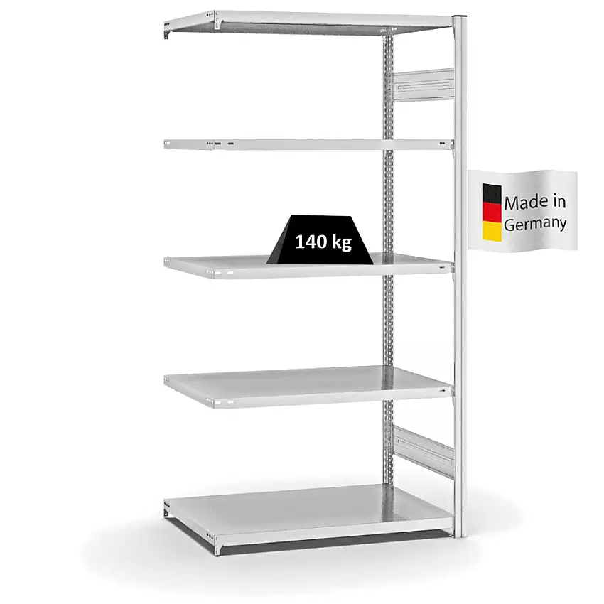 Fachbodenregal Stecksystem MAGNUS Made in Germany | Anbauregal | HxBxT 200x100x60cm | 5 Ebenen | Fachlast 140 kg | Beidseitig nutzbar | Lichtgrau