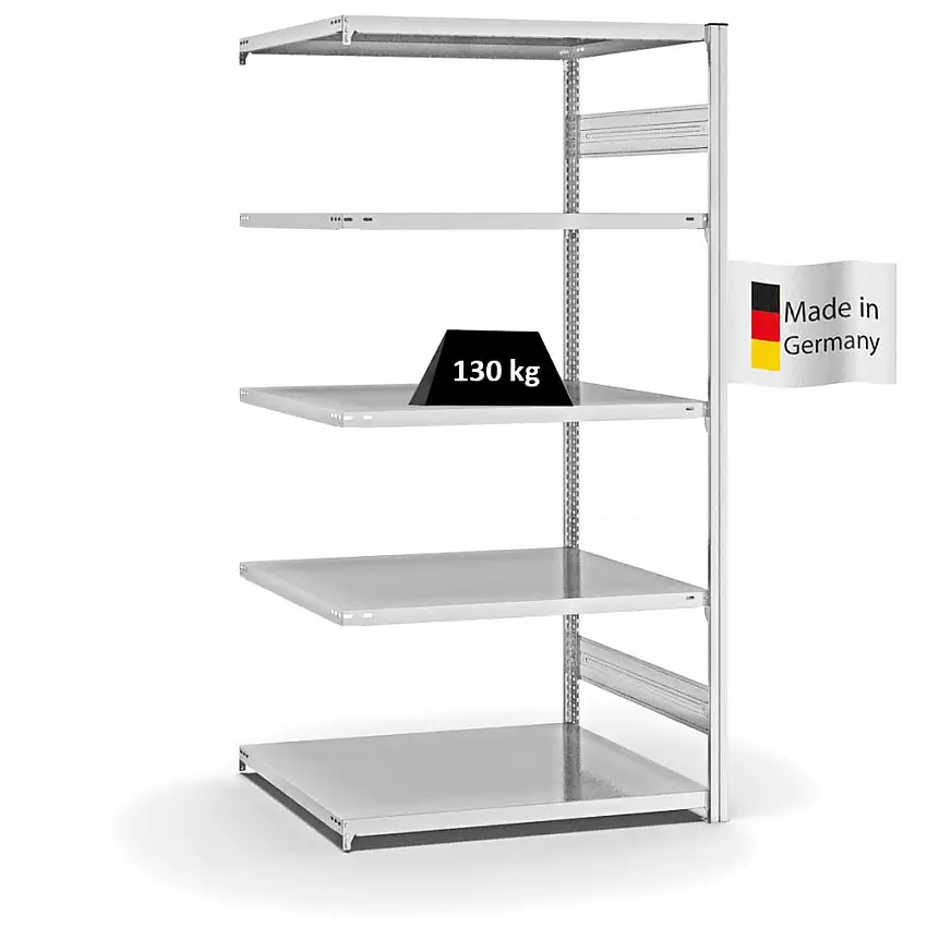 Fachbodenregal Stecksystem MAGNUS Made in Germany | Anbauregal | HxBxT 200x100x80cm | 5 Ebenen | Fachlast 130 kg | Beidseitig nutzbar | Lichtgrau