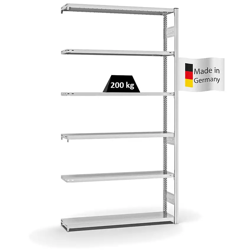 Fachbodenregal Stecksystem MAGNUS Made in Germany | Anbauregal | HxBxT 250x130x30cm | 6 Ebenen | Fachlast 200 kg | Beidseitig nutzbar | Lichtgrau