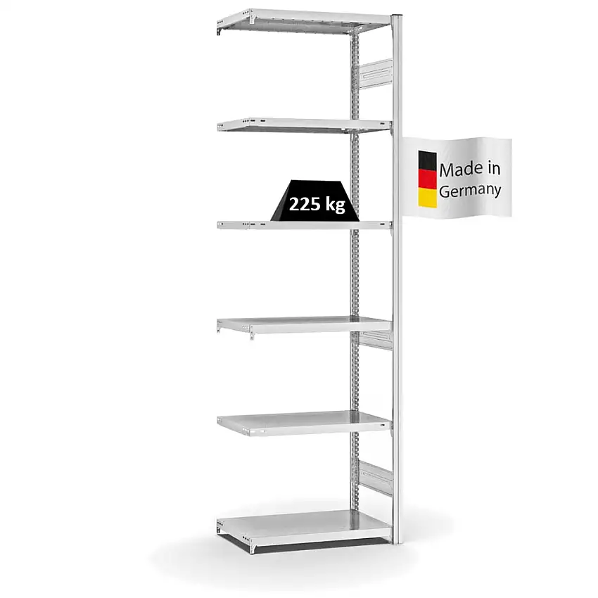 Fachbodenregal Stecksystem MAGNUS Made in Germany | Anbauregal | HxBxT 250x75x40cm | 6 Ebenen | Fachlast 225 kg | Beidseitig nutzbar | Lichtgrau