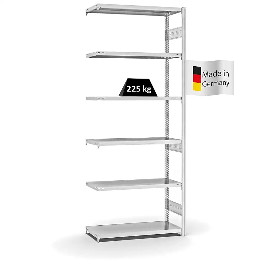 Fachbodenregal Stecksystem MAGNUS Made in Germany | Anbauregal | HxBxT 250x100x40cm | 6 Ebenen | Fachlast 225 kg | Beidseitig nutzbar | Lichtgrau
