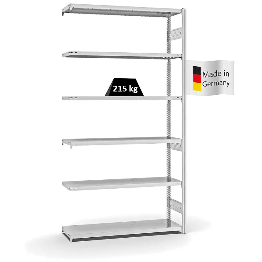 Fachbodenregal Stecksystem MAGNUS Made in Germany | Anbauregal | HxBxT 250x130x40cm | 6 Ebenen | Fachlast 215 kg | Beidseitig nutzbar | Lichtgrau