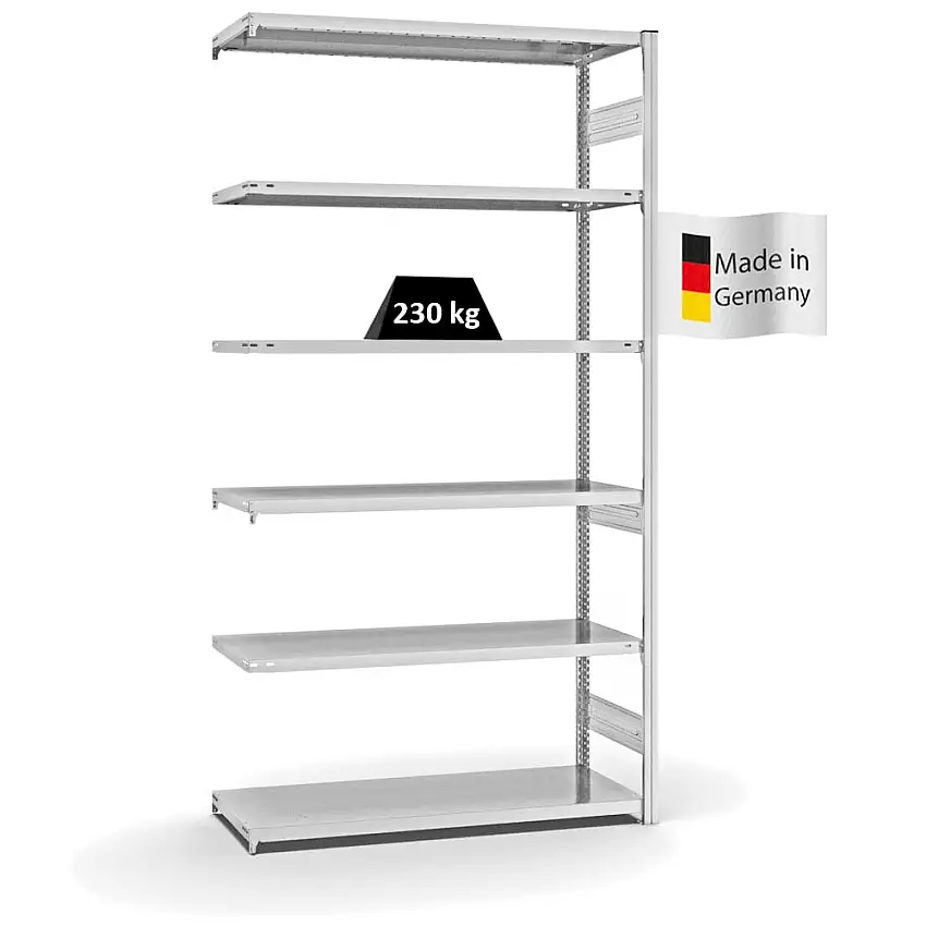 Fachbodenregal Stecksystem MAGNUS Made in Germany | Anbauregal | HxBxT 250x130x50cm | 6 Ebenen | Fachlast 230 kg | Beidseitig nutzbar | Lichtgrau