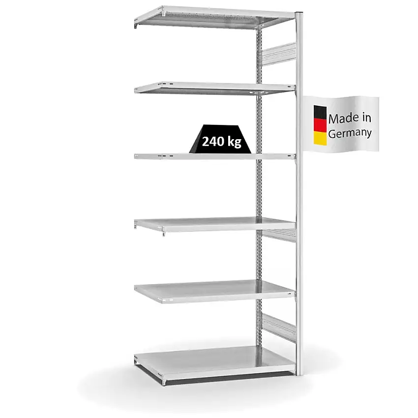Fachbodenregal Stecksystem MAGNUS Made in Germany | Anbauregal | HxBxT 250x100x60cm | 6 Ebenen | Fachlast 240 kg | Beidseitig nutzbar | Lichtgrau