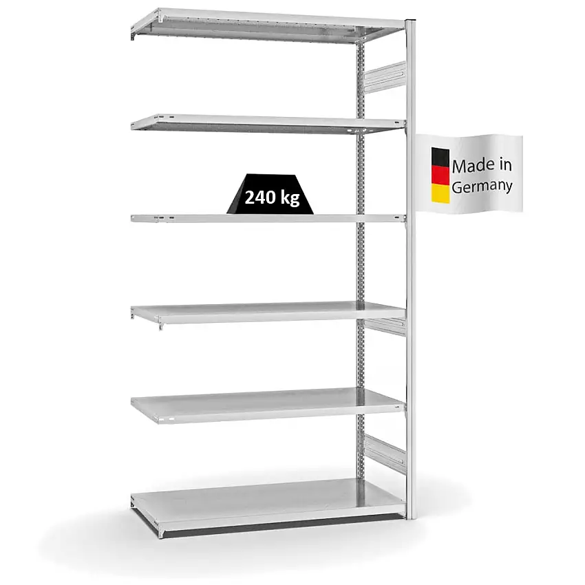 Fachbodenregal Stecksystem MAGNUS Made in Germany | Anbauregal | HxBxT 250x130x60cm | 6 Ebenen | Fachlast 240 kg | Beidseitig nutzbar | Lichtgrau