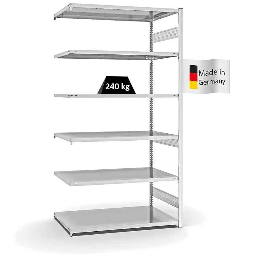 Fachbodenregal Stecksystem MAGNUS Made in Germany | Anbauregal | HxBxT 250x130x80cm | 6 Ebenen | Fachlast 240 kg | Beidseitig nutzbar | Lichtgrau