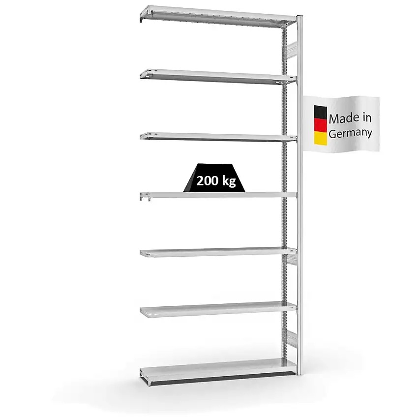 Fachbodenregal Stecksystem MAGNUS Made in Germany | Anbauregal | HxBxT 300x130x30cm | 7 Ebenen | Fachlast 200 kg | Beidseitig nutzbar | Lichtgrau