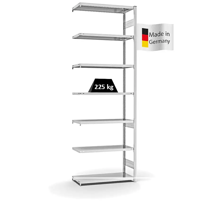 Fachbodenregal Stecksystem MAGNUS Made in Germany | Anbauregal | HxBxT 300x100x40cm | 7 Ebenen | Fachlast 225 kg | Beidseitig nutzbar | Lichtgrau