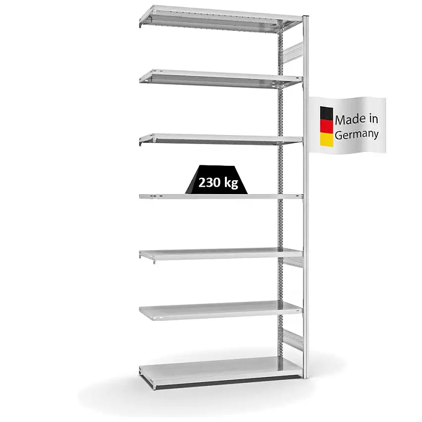 Fachbodenregal Stecksystem MAGNUS Made in Germany | Anbauregal | HxBxT 300x130x50cm | 7 Ebenen | Fachlast 230 kg | Beidseitig nutzbar | Lichtgrau