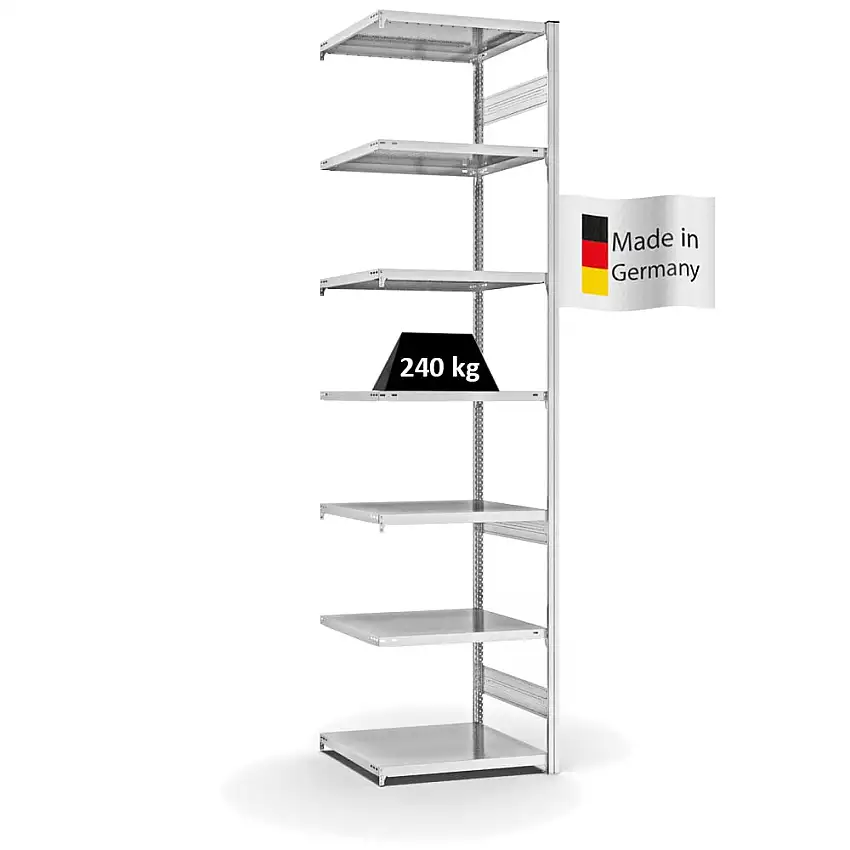 Fachbodenregal Stecksystem MAGNUS Made in Germany | Anbauregal | HxBxT 300x75x60cm | 7 Ebenen | Fachlast 240 kg | Beidseitig nutzbar | Lichtgrau