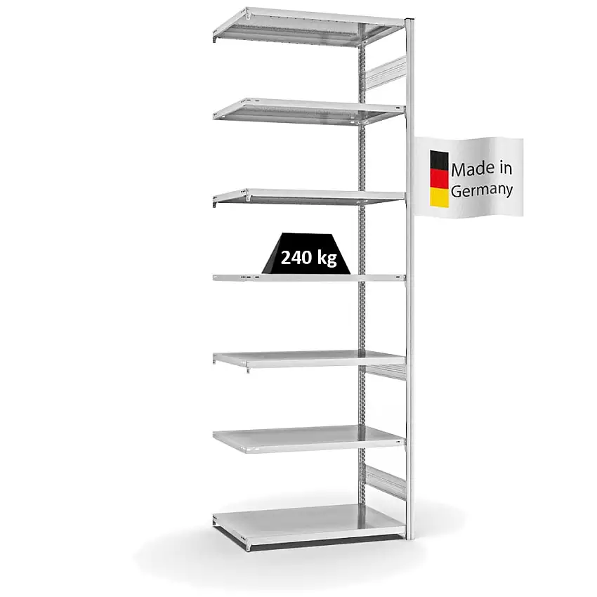 Fachbodenregal Stecksystem MAGNUS Made in Germany | Anbauregal | HxBxT 300x100x60cm | 7 Ebenen | Fachlast 240 kg | Beidseitig nutzbar | Lichtgrau