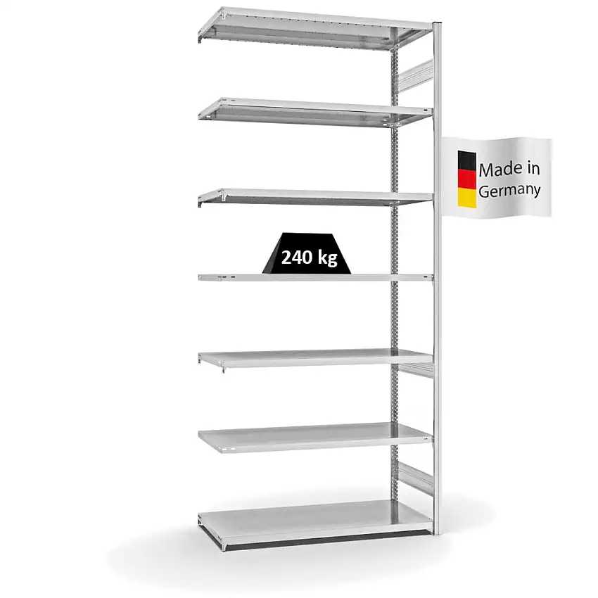 Fachbodenregal Stecksystem MAGNUS Made in Germany | Anbauregal | HxBxT 300x130x60cm | 7 Ebenen | Fachlast 240 kg | Beidseitig nutzbar | Lichtgrau