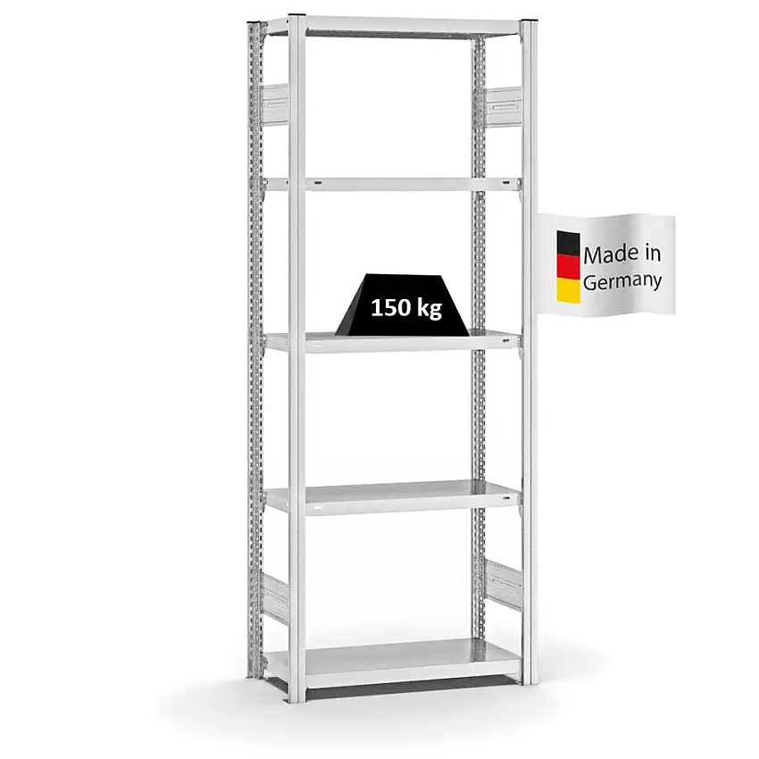 Fachbodenregal Stecksystem MAGNUS Made in Germany | Grundregal | HxBxT 200x75x30cm | 5 Ebenen | Fachlast 150 kg | Beidseitig nutzbar | Lichtgrau