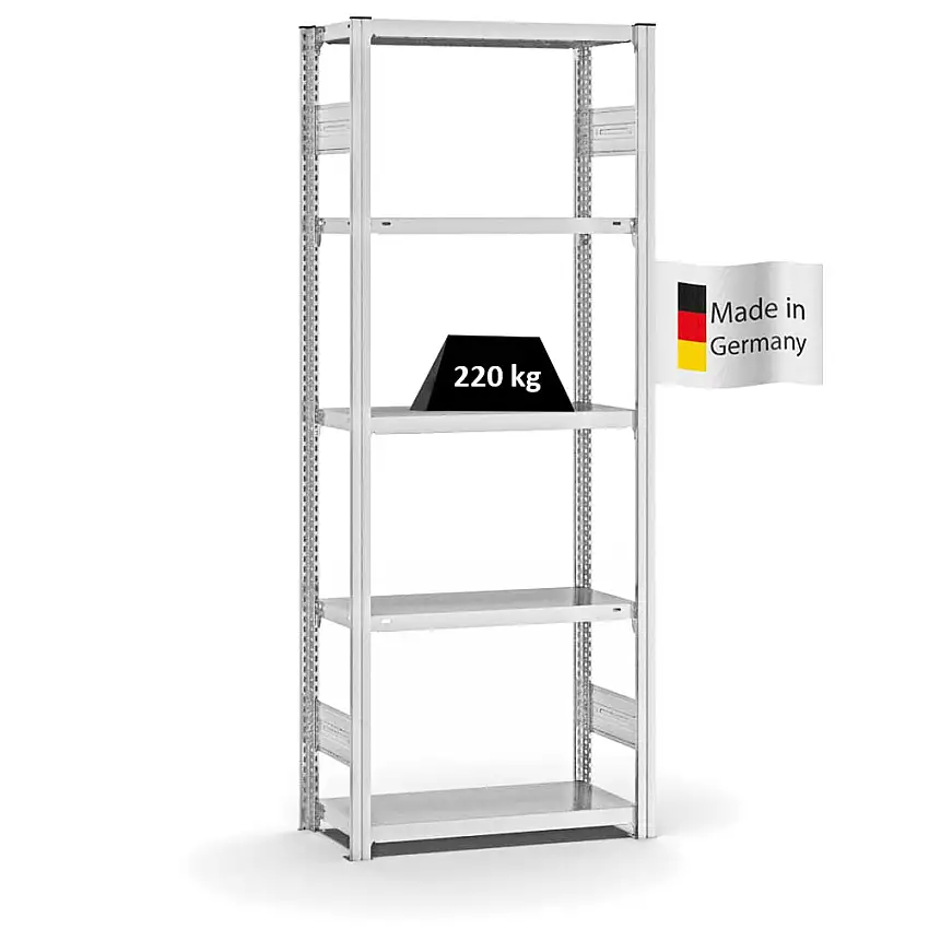 Fachbodenregal Stecksystem MAGNUS Made in Germany | Grundregal | HxBxT 200x75x30cm | 5 Ebenen | Fachlast 220 kg | Beidseitig nutzbar | Lichtgrau