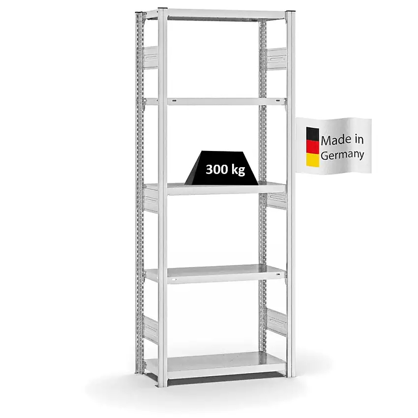 Fachbodenregal Stecksystem MAGNUS Made in Germany | Grundregal | HxBxT 200x75x30cm | 5 Ebenen | Fachlast 300 kg | Beidseitig nutzbar | Lichtgrau