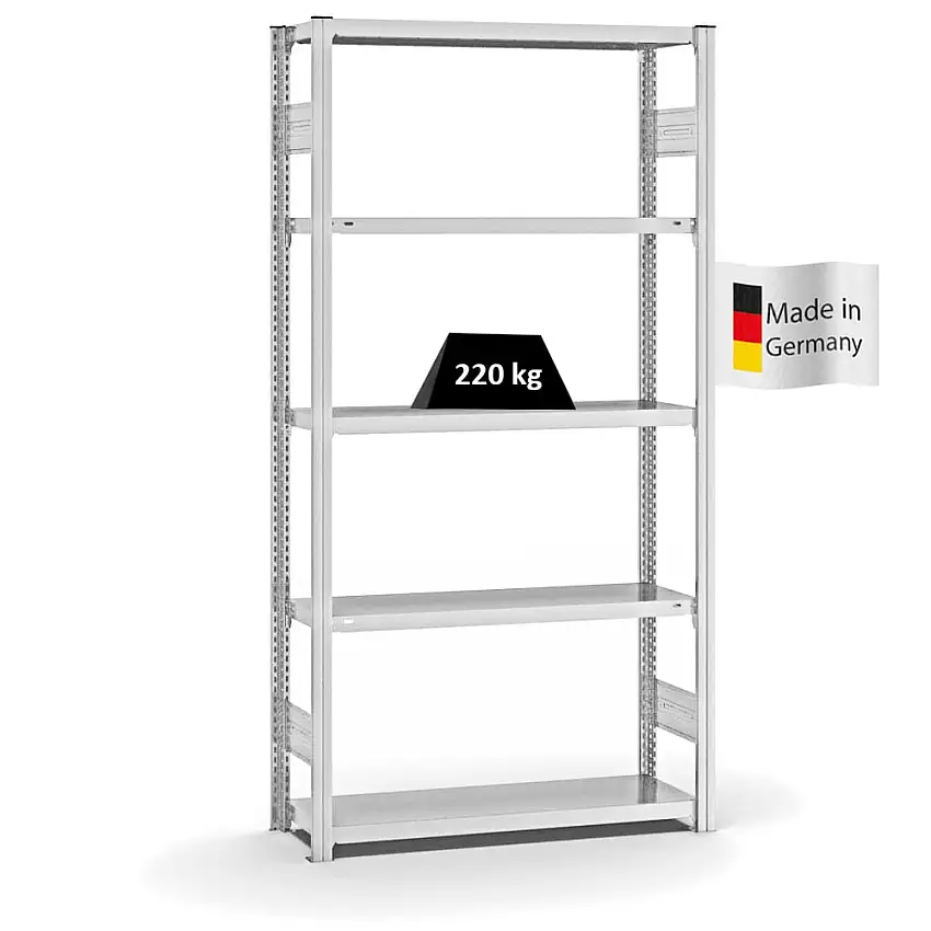 Fachbodenregal Stecksystem MAGNUS Made in Germany | Grundregal | HxBxT 200x100x30cm | 5 Ebenen | Fachlast 220 kg | Beidseitig nutzbar | Lichtgrau