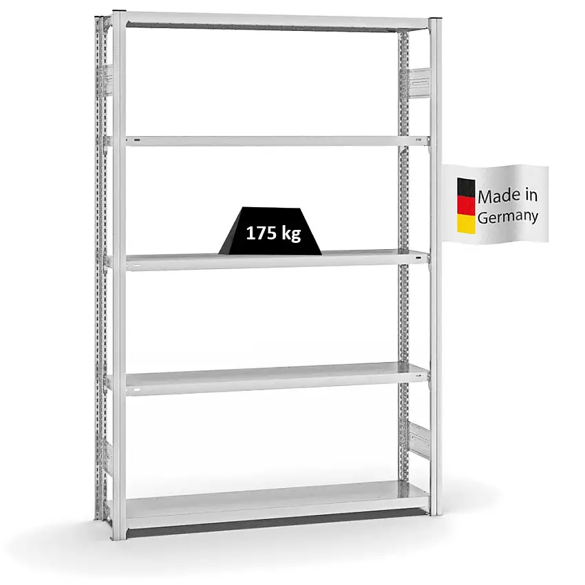 Fachbodenregal Stecksystem MAGNUS Made in Germany | Grundregal | HxBxT 200x130x30cm | 5 Ebenen | Fachlast 175 kg | Beidseitig nutzbar | Lichtgrau