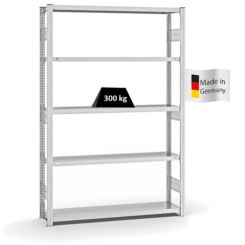 Fachbodenregal Stecksystem MAGNUS Made in Germany | Grundregal | HxBxT 200x130x30cm | 5 Ebenen | Fachlast 300 kg | Beidseitig nutzbar | Lichtgrau