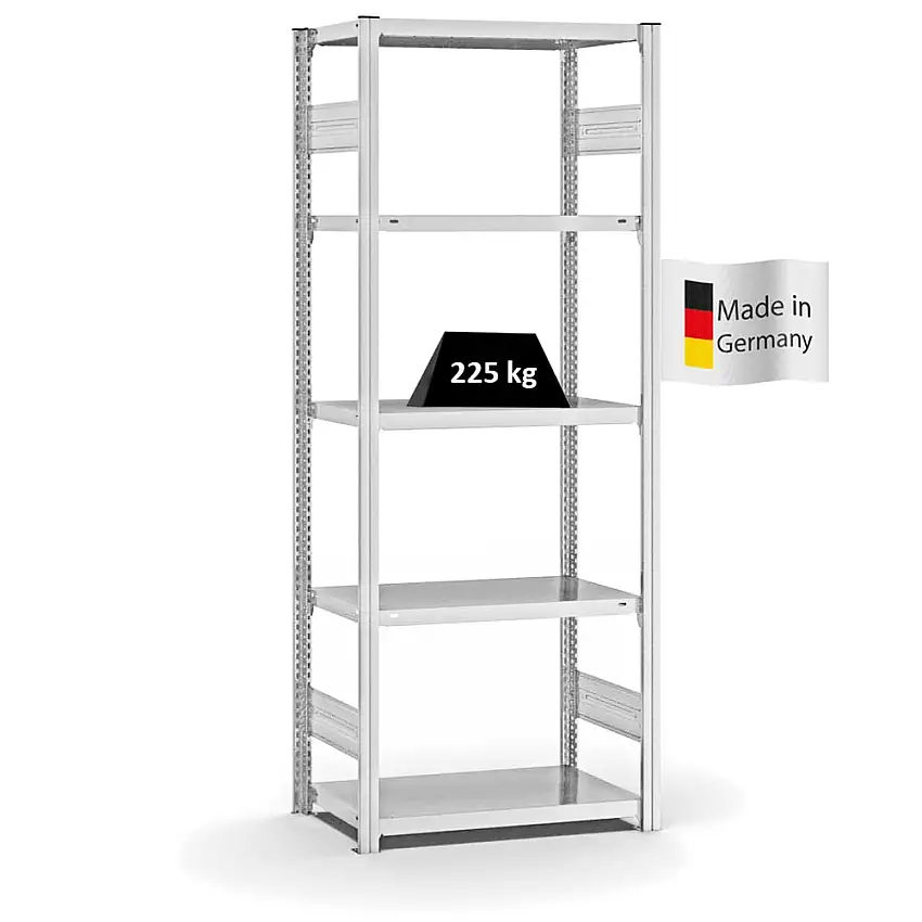 Fachbodenregal Stecksystem MAGNUS Made in Germany | Grundregal | HxBxT 200x75x40cm | 5 Ebenen | Fachlast 225 kg | Beidseitig nutzbar | Lichtgrau