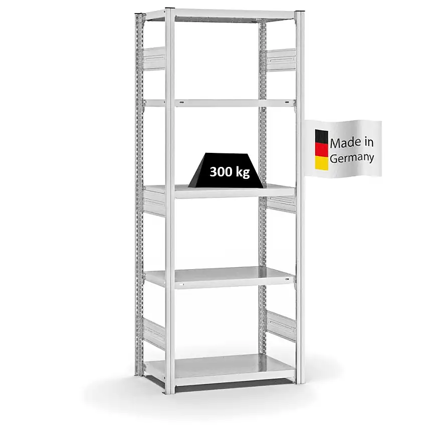 Fachbodenregal Stecksystem MAGNUS Made in Germany | Grundregal | HxBxT 200x75x40cm | 5 Ebenen | Fachlast 315 kg | Beidseitig nutzbar | Lichtgrau