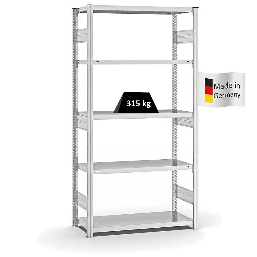 Fachbodenregal Stecksystem MAGNUS Made in Germany | Grundregal | HxBxT 200x100x40cm | 5 Ebenen | Fachlast 315 kg | Beidseitig nutzbar | Lichtgrau