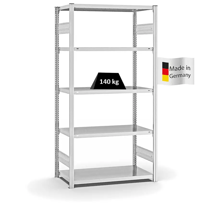 Fachbodenregal Stecksystem MAGNUS Made in Germany | Grundregal | HxBxT 200x100x50cm | 5 Ebenen | Fachlast 140 kg | Beidseitig nutzbar | Lichtgrau