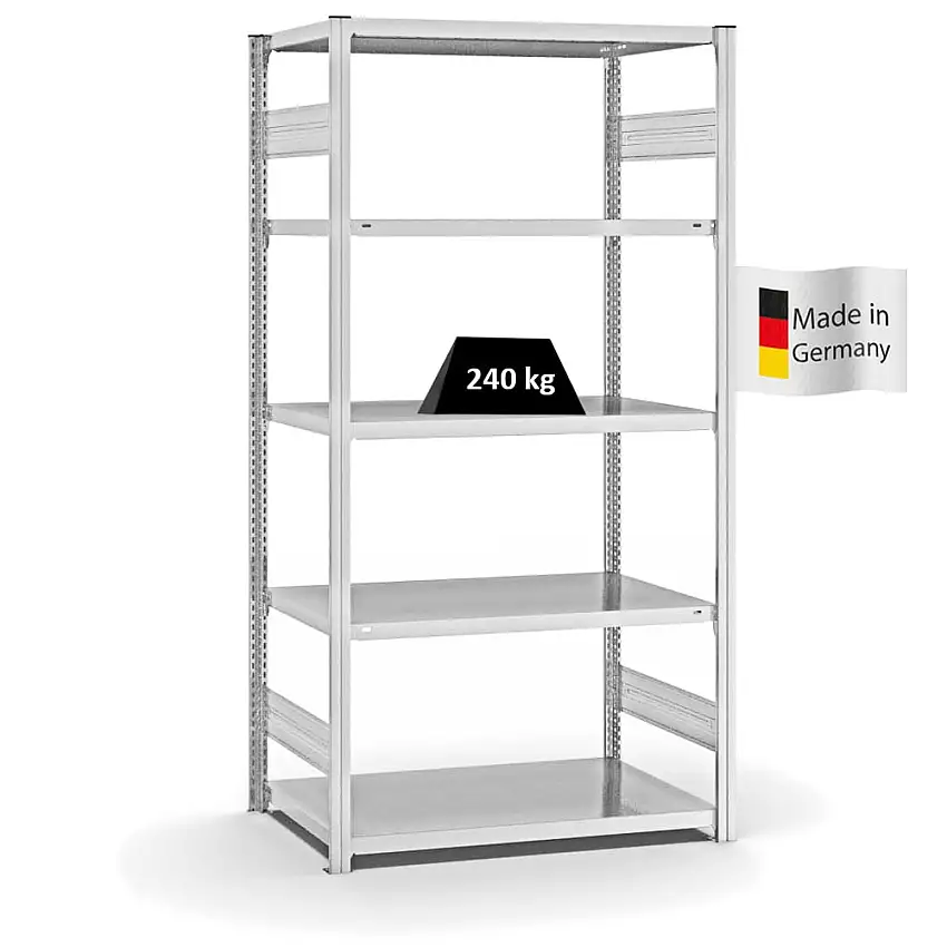 Fachbodenregal Stecksystem MAGNUS Made in Germany | Grundregal | HxBxT 200x100x60cm | 5 Ebenen | Fachlast 240 kg | Beidseitig nutzbar | Lichtgrau