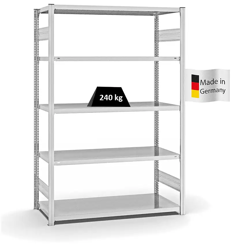 Fachbodenregal Stecksystem MAGNUS Made in Germany | Grundregal | HxBxT 200x130x60cm | 5 Ebenen | Fachlast 240 kg | Beidseitig nutzbar | Lichtgrau