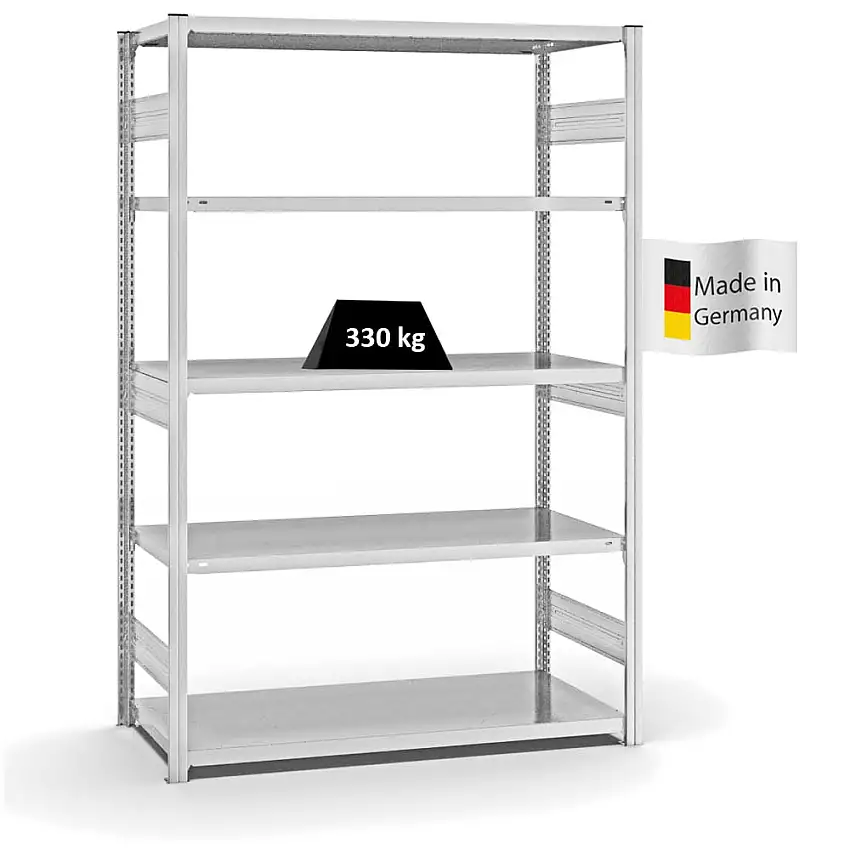 Fachbodenregal Stecksystem MAGNUS Made in Germany | Grundregal | HxBxT 200x130x60cm | 5 Ebenen | Fachlast 330 kg | Beidseitig nutzbar | Lichtgrau