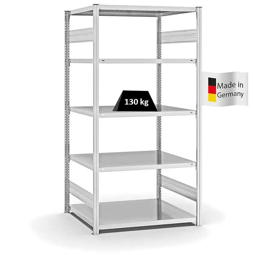 Fachbodenregal Stecksystem MAGNUS Made in Germany | Grundregal | HxBxT 200x100x80cm | 5 Ebenen | Fachlast 130 kg | Beidseitig nutzbar | Lichtgrau