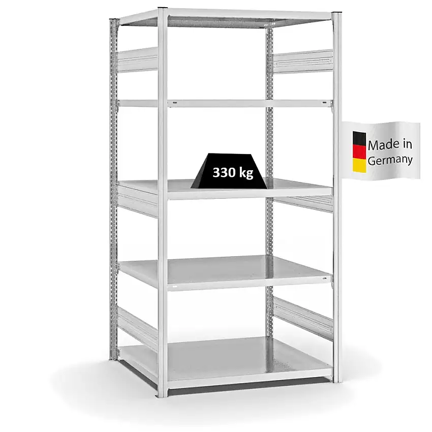 Fachbodenregal Stecksystem MAGNUS Made in Germany | Grundregal | HxBxT 200x100x80cm | 5 Ebenen | Fachlast 330 kg | Beidseitig nutzbar | Lichtgrau