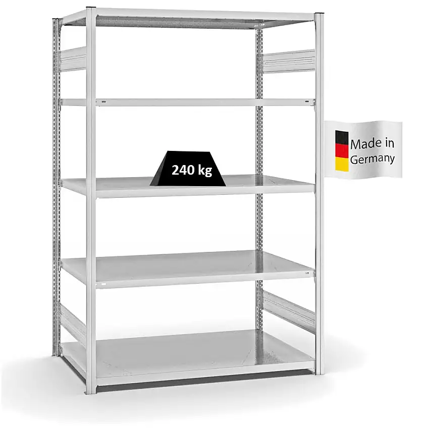 Fachbodenregal Stecksystem MAGNUS Made in Germany | Grundregal | HxBxT 200x130x80cm | 5 Ebenen | Fachlast 240 kg | Beidseitig nutzbar | Lichtgrau