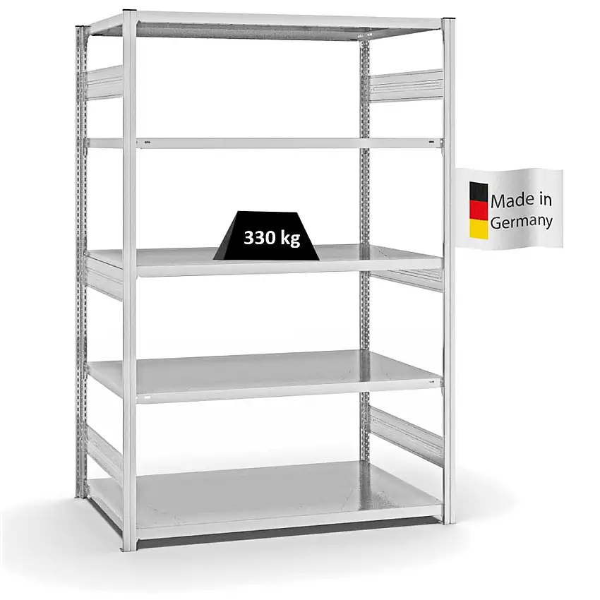 Fachbodenregal Stecksystem MAGNUS Made in Germany | Grundregal | HxBxT 200x130x80cm | 5 Ebenen | Fachlast 330 kg | Beidseitig nutzbar | Lichtgrau