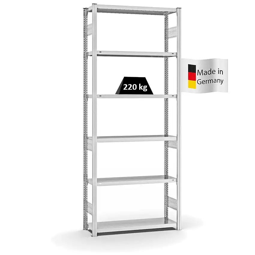 Fachbodenregal Stecksystem MAGNUS Made in Germany | Grundregal | HxBxT 250x100x30cm | 6 Ebenen | Fachlast 220 kg | Beidseitig nutzbar | Lichtgrau