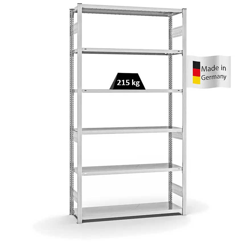 Fachbodenregal Stecksystem MAGNUS Made in Germany | Grundregal | HxBxT 250x130x40cm | 6 Ebenen | Fachlast 215 kg | Beidseitig nutzbar | Lichtgrau