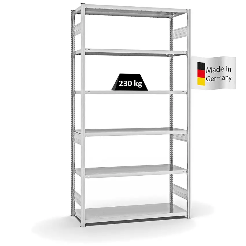 Fachbodenregal Stecksystem MAGNUS Made in Germany | Grundregal | HxBxT 250x130x50cm | 6 Ebenen | Fachlast 230 kg | Beidseitig nutzbar | Lichtgrau
