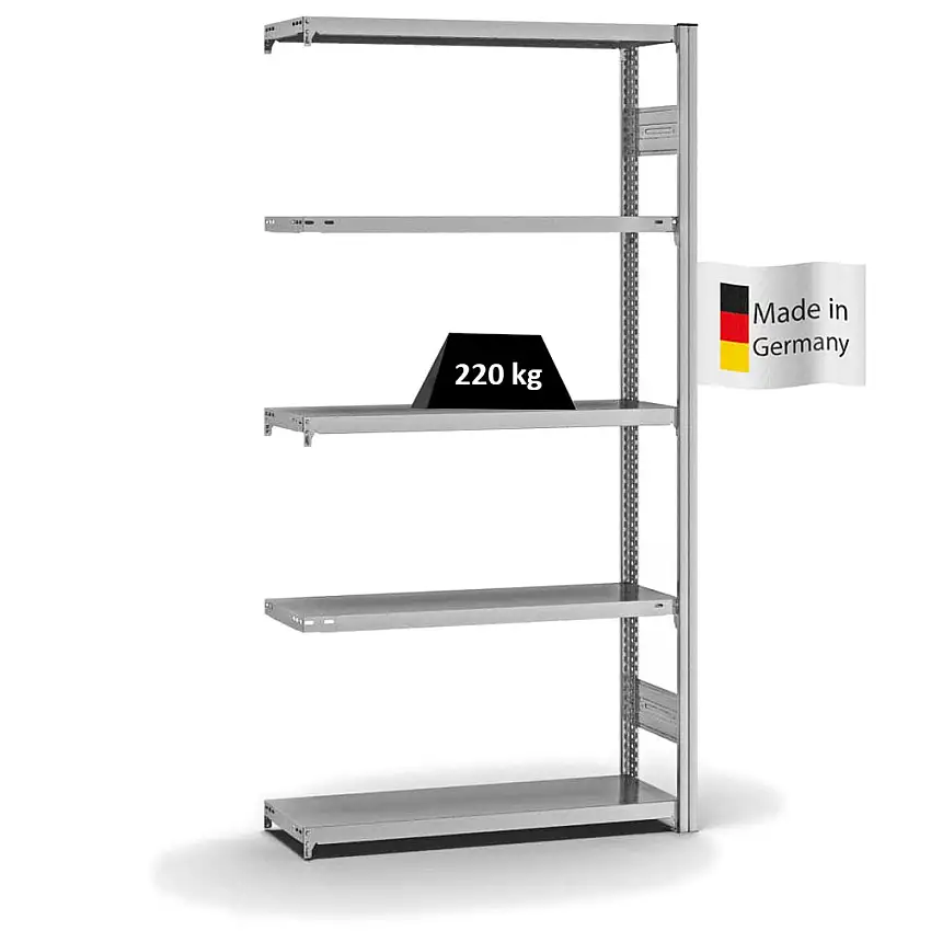 Fachbodenregal Stecksystem MAGNUS Made in Germany | Anbauregal | HxBxT 200x100x30cm | 5 Ebenen | Fachlast 220 kg | Beidseitig nutzbar | Verzinkt