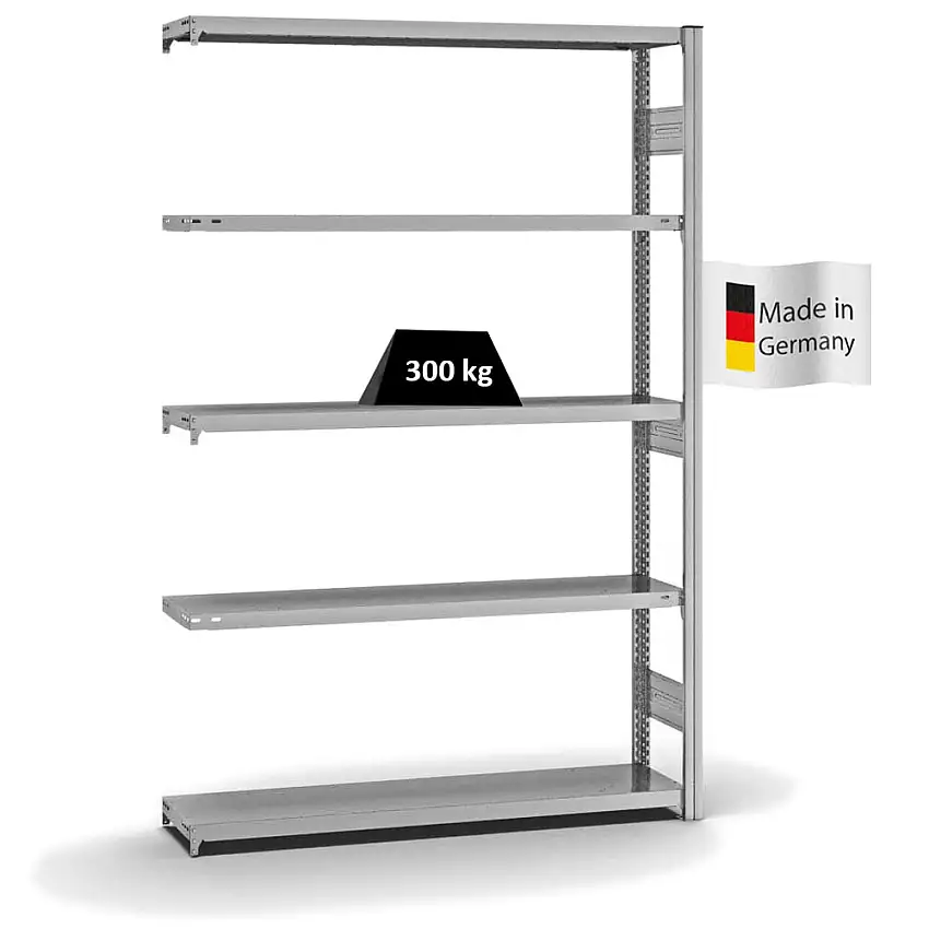 Fachbodenregal Stecksystem MAGNUS Made in Germany | Anbauregal | HxBxT 200x130x30cm | 5 Ebenen | Fachlast 300 kg | Beidseitig nutzbar | Verzinkt