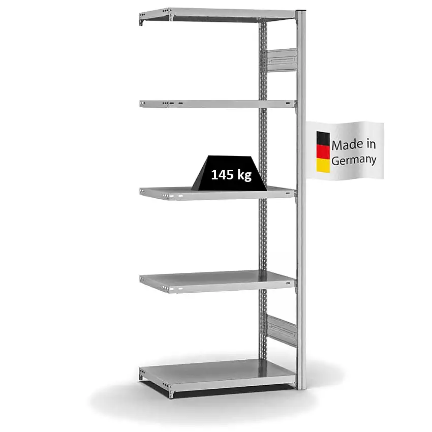 Fachbodenregal Stecksystem MAGNUS Made in Germany | Anbauregal | HxBxT 200x75x40cm | 5 Ebenen | Fachlast 145 kg | Beidseitig nutzbar | Verzinkt