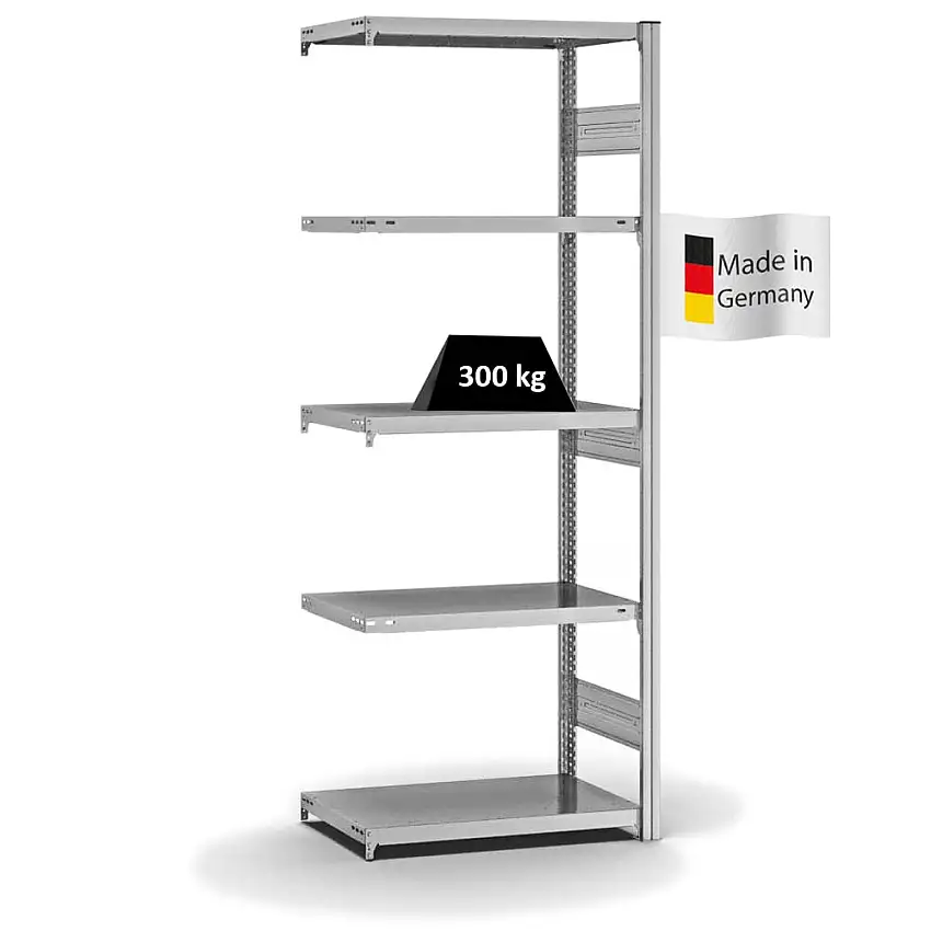 Fachbodenregal Stecksystem MAGNUS Made in Germany | Anbauregal | HxBxT 200x75x40cm | 5 Ebenen | Fachlast 315 kg | Beidseitig nutzbar | Verzinkt