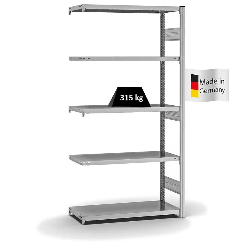 Fachbodenregal Stecksystem MAGNUS Made in Germany | Anbauregal | HxBxT 200x100x40cm | 5 Ebenen | Fachlast 315 kg | Beidseitig nutzbar | Verzinkt