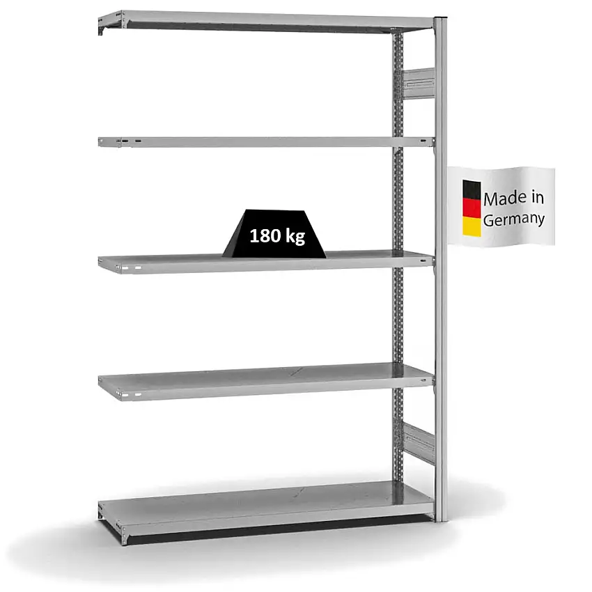 Fachbodenregal Stecksystem MAGNUS Made in Germany | Anbauregal | HxBxT 200x130x40cm | 5 Ebenen | Fachlast 180 kg | Beidseitig nutzbar | Verzinkt
