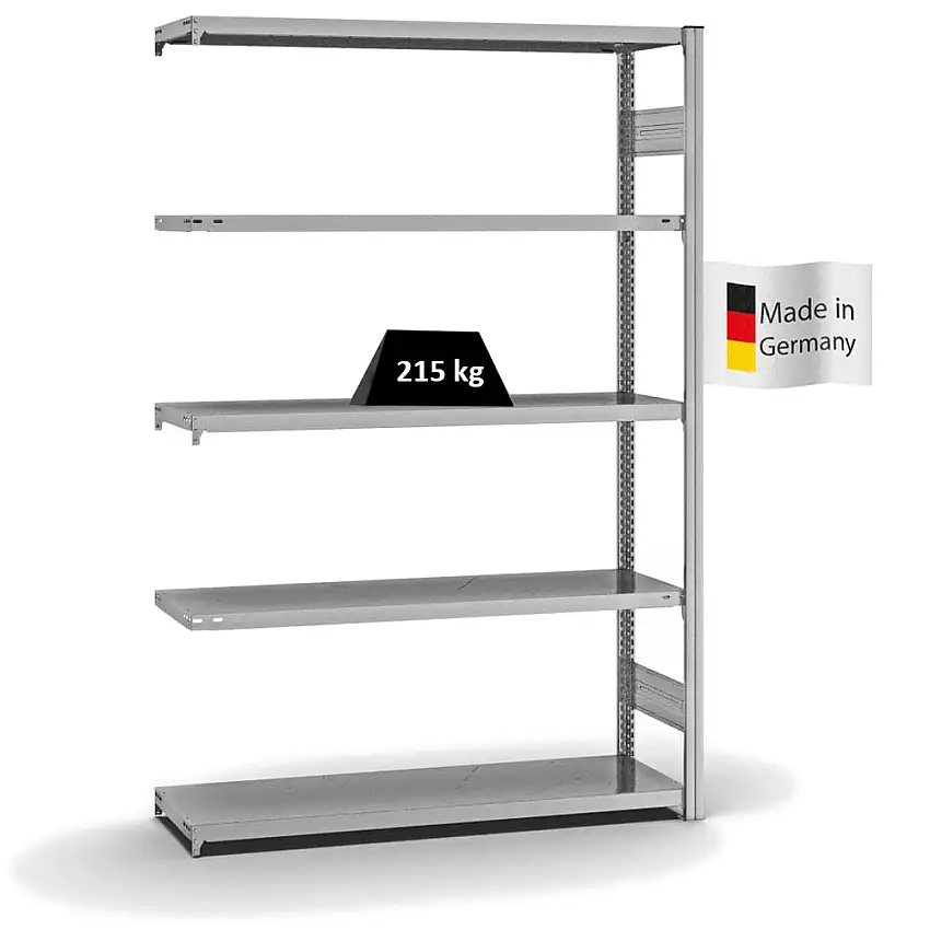 Fachbodenregal Stecksystem MAGNUS Made in Germany | Anbauregal | HxBxT 200x130x40cm | 5 Ebenen | Fachlast 215 kg | Beidseitig nutzbar | Verzinkt