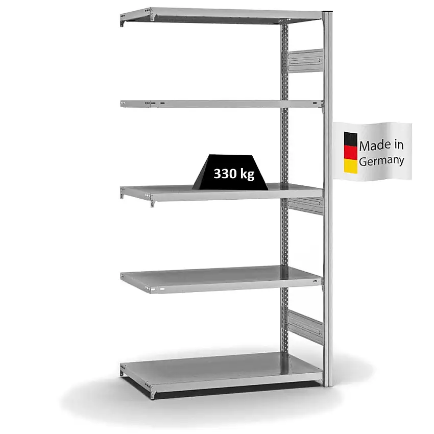 Fachbodenregal Stecksystem MAGNUS Made in Germany | Anbauregal | HxBxT 200x100x50cm | 5 Ebenen | Fachlast 330 kg | Beidseitig nutzbar | Verzinkt
